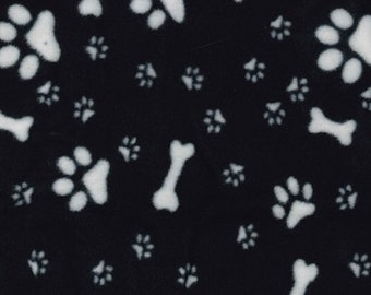 Ivory on Black Paw Prints & Bones - Polar Fleece Fabric - Metre/Half - Anti Pil - 150cm (59") wide