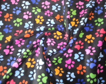 Paw Print on Black - Polar Fleece Fabric - Metre/Half - Anti Pil - 150cm (59") wide