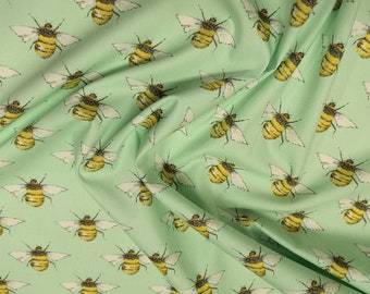 Honey Bees on Meadow Green - 100% Cotton Poplin Dress Fabric - Material - Metre/Half - 44" (112cm) wide