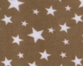 White Stars on Tan/Beige - Polar Fleece Fabric - Metre/Half - Anti Pil - 59" (150cm) wide