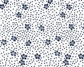 Navy Blue Spots/Flowers on Ivory - Ponte Roma Print Stretch Soft Knit Jersey Fabric - 150cm Wide (59")