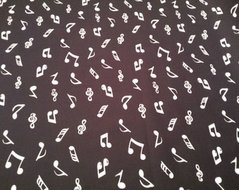 Musical Notes - White on Black - 100% Cotton Poplin Dress Fabric - Material - Metre/Half - 44" (112cm) wide