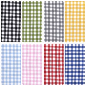 May include: A collection of 10 fabric swatches featuring different gingham patterns. The swatches include black and white, green and white, grey and white, yellow and white, light blue and white, pink and white, red and white, blue and white, and more.