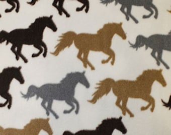 Black/Gold/Silver Horses on Ivory - Polar Fleece Fabric - Metre/Half - Anti Pil - 150cm (59") wide