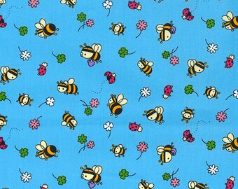 Blue - Bees Ladybirds Flowers - Rose & Hubble - 100% Cotton Poplin Fabric - 44" (112cm) wide