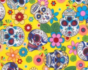 Floral Flowers & Skulls on Yellow - 100% Cotton Poplin Dress Fabric Material - Metre/Half - 44" (112cm) wide