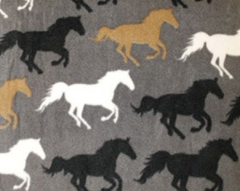 Black/Gold/Ivory Horses on Silver - Polar Fleece Fabric - Metre/Half - Anti Pil - 150cm (59") wide