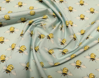 Honey Bees on Sky Blue - 100% Cotton Poplin Dress Fabric - Material - Metre/Half - 44" (112cm) wide