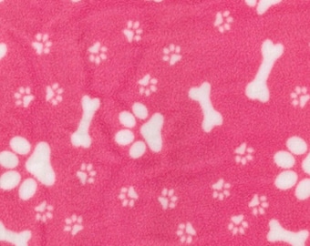 Ivory on Pink Paw Prints & Bones - Polar Fleece Fabric - Metre/Half - Anti Pil - 150cm (59") wide