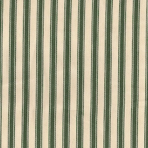 May include: A close-up of a fabric with a white background and thin green stripes. The fabric has a subtle texture.
