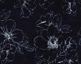 Navy Blue - Floral Printed Velvet - Rayon/Polyester Fabric Material - 140cm (55") wide