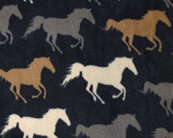 Silver/Gold/Ivory Horses on Navy Blue - Polar Fleece Fabric - Metre/Half - Anti Pil - 150cm (59") wide