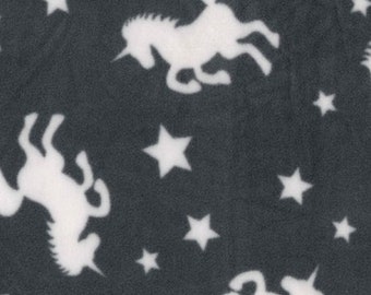 White Unicorns & Stars on Grey - Polar Fleece Fabric - Metre/Half - Anti Pil - 150cm (59") wide