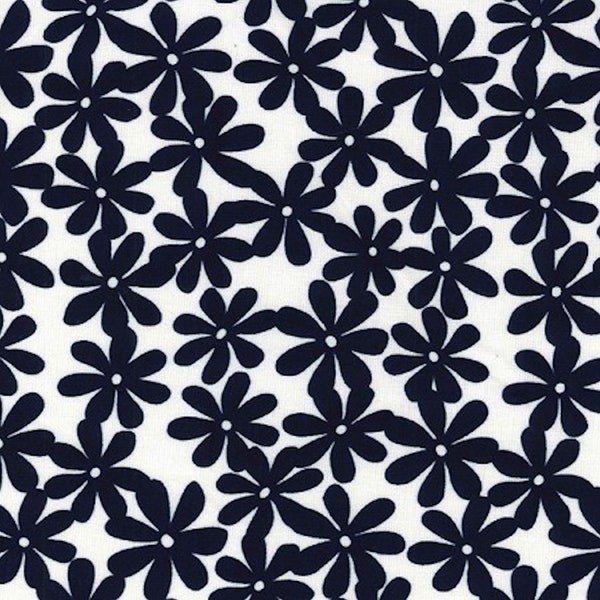 Navy Blue Daisy on Ivory - Ponte Roma Print Stretch Soft Knit Jersey Fabric - 150cm Wide (59")