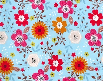 Red/Pink/Orange Flowers on Blue - Floral 100% Cotton Poplin Dress Fabric - Material - Metre/Half - 44" (112cm) wide