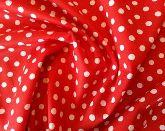 White on Red - 100% Cotton Poplin Dress Fabric Material - 7mm Polka Dot / Spot - Metre/Half - 44" (112cm) wide