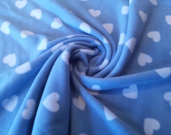 White Hearts on Pale Blue - Polar Fleece Fabric - Metre/Half - Anti Pil - 59" (150cm) wide