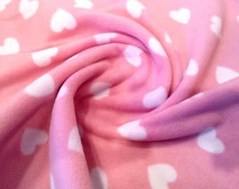 White Hearts on Pink - Polar Fleece Fabric - Metre/Half - Anti Pil - 59" (150cm) wide