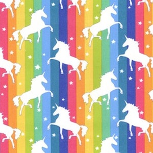 White Unicorns on Rainbow Background - 100% Cotton Poplin Dress Fabric - Metre/Half - 44" (112cm) wide