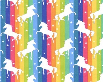 White Unicorns on Rainbow Background - 100% Cotton Poplin Dress Fabric - Metre/Half - 44" (112cm) wide