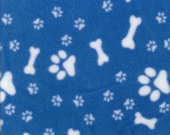 Ivory on Blue Paw Prints & Bones - Polar Fleece Fabric - Metre/Half - Anti Pil - 150cm (59") wide