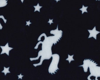 White Unicorns & Stars on Navy Blue - Polar Fleece Fabric - Metre/Half - Anti Pil - 150cm (59") wide