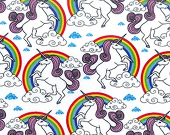 White Unicorns and Rainbows on Ivory - 100% Cotton Poplin Dress Fabric - Metre/Half - 44" (112cm) wide