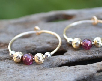 Handmade Pair of Hoop Earrings with 14K Yellow Gold Filled, Sterling Silver & Garnet.