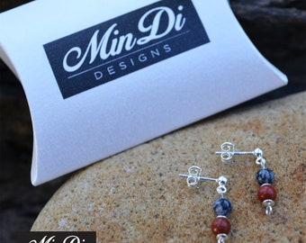 Earrings, pair of handmade earrings with sterling silver, obsidian snowflake & red jasper.