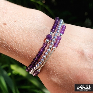 Handmade Stackable Stretch Bracelets With Sterling Silver & Amethyst.