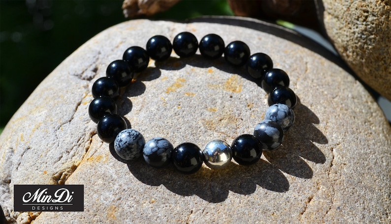 Handmade stretch bracelet for men with Sterling Silver,Black Onyx /& Obsidian Snowflake.