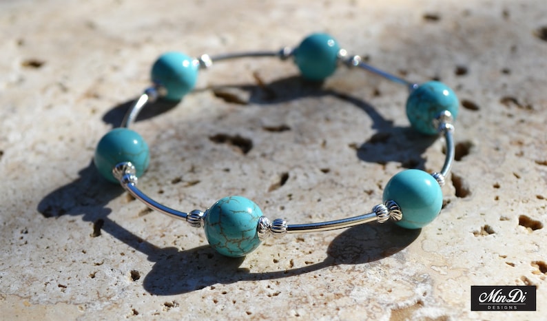 Dyed . Handmade stretch bracelet with Sterling Silver /& Turquoise Magnesite