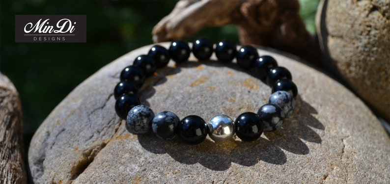 Handmade stretch bracelet for men with Sterling Silver,Black Onyx /& Obsidian Snowflake.