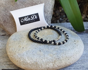 Stackable Stretch Bracelets with Genuine Sterling Silver & Black Onyx.