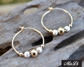 Handmade Pair of Hoop Earrings with 14K Yellow Gold Filled & Sterling Silver.