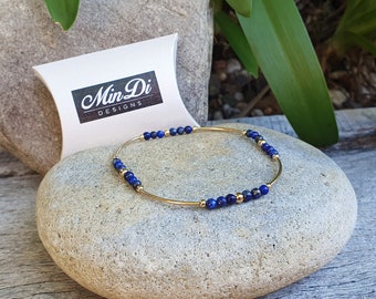 Handmade Stretch Anklet With 1/20 14K Yellow gold Filled & Lapis Lazuli.