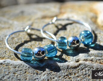 Earrings, pair of handmade hoop earrings with sterling silver & glass beads.