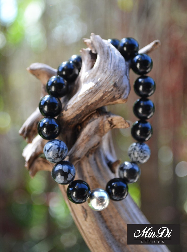 Handmade stretch bracelet for men with Sterling Silver,Black Onyx /& Obsidian Snowflake.