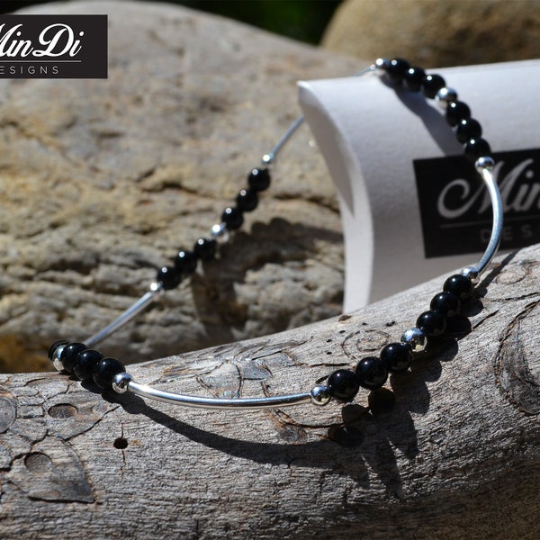 Handmade Stretch Anklet with Sterling Silver & Black Onyx.