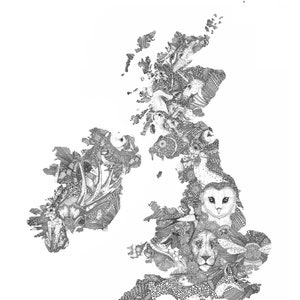 May include: A black and white line drawing of the United Kingdom, with various animals and plants incorporated into the design. The animals include a barn owl, a lion, and a deer. The design is intricate and detailed, and the overall effect is whimsical and charming.