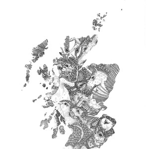 May include: A black and white line drawing of Scotland, filled with intricate details of animals, birds, and floral patterns. The drawing is in the style of a zentangle or doodle art. The text "little dot creations" is at the bottom of the image.