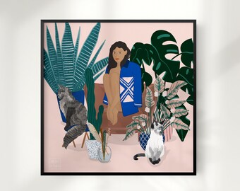 Cat Lady Art Print – Pink Plant Mom Square Poster (297x297mm)