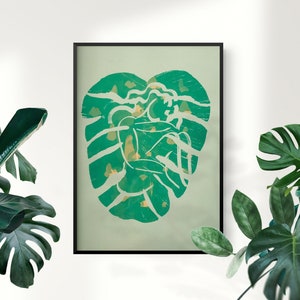 Ladykiller Silk Screen Print A3 poster Monstera foglia linea art donna su pistache carta verde in verde fluor e marmo arancione. Edizione limitata