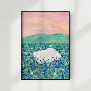 Maak opnieuw verbinding met de natuur - poster & kaarten in 5 maten - weelderig veld met lentebloemen met een donzig dekbedbed in pastelkleuren, paars en roze