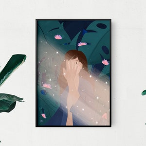 Daydreamer - magisch maanlicht - Poster en kaart in 5 maten - kimono ochtendjas en jungle planten met roze bloemen artwork