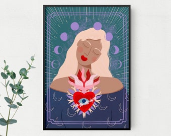 Sacred Heart - Moonsister - Posters and card in 5 sizes - purple and emerald green artwork of a taliswoman