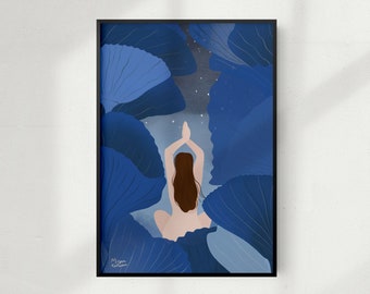 Meditation by Midnight - posters and card in 5 sizes - blue starry jungle with woman in prayer yoga pose