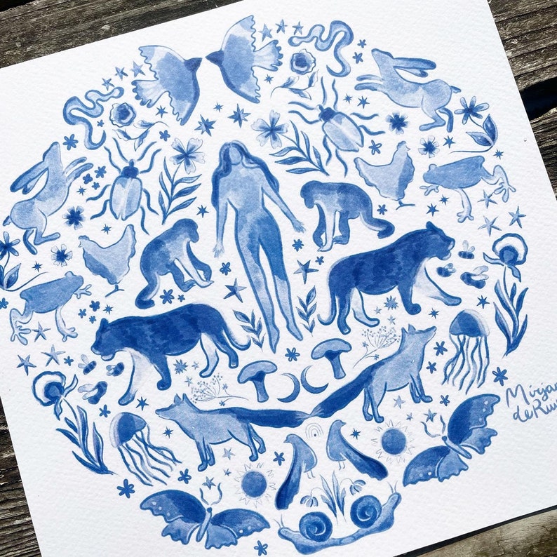 May include: A blue watercolor illustration of a circle filled with various animals, plants, and celestial objects. The illustration includes a woman, a bird, a butterfly, a fox, a rabbit, a frog, a snail, a mushroom, a jellyfish, a chicken, a monkey, a tiger, and a snake. The illustration is surrounded by stars and other celestial objects. The text "Mirjam de Ruijter" is in the lower right corner.