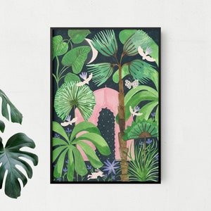 Junglemagie - poster & kaarten in 5 formaten - magische palmbomen en weelderig botanisch tafereel met witte vogels, vlinders en een konijn en portaal