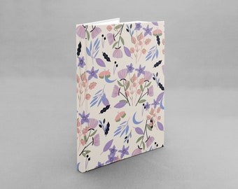 Cuaderno tamaño A5 - Liso o rayado - Cuaderno de bocetos y diario de ideas - Diario de patrones de flores lilas